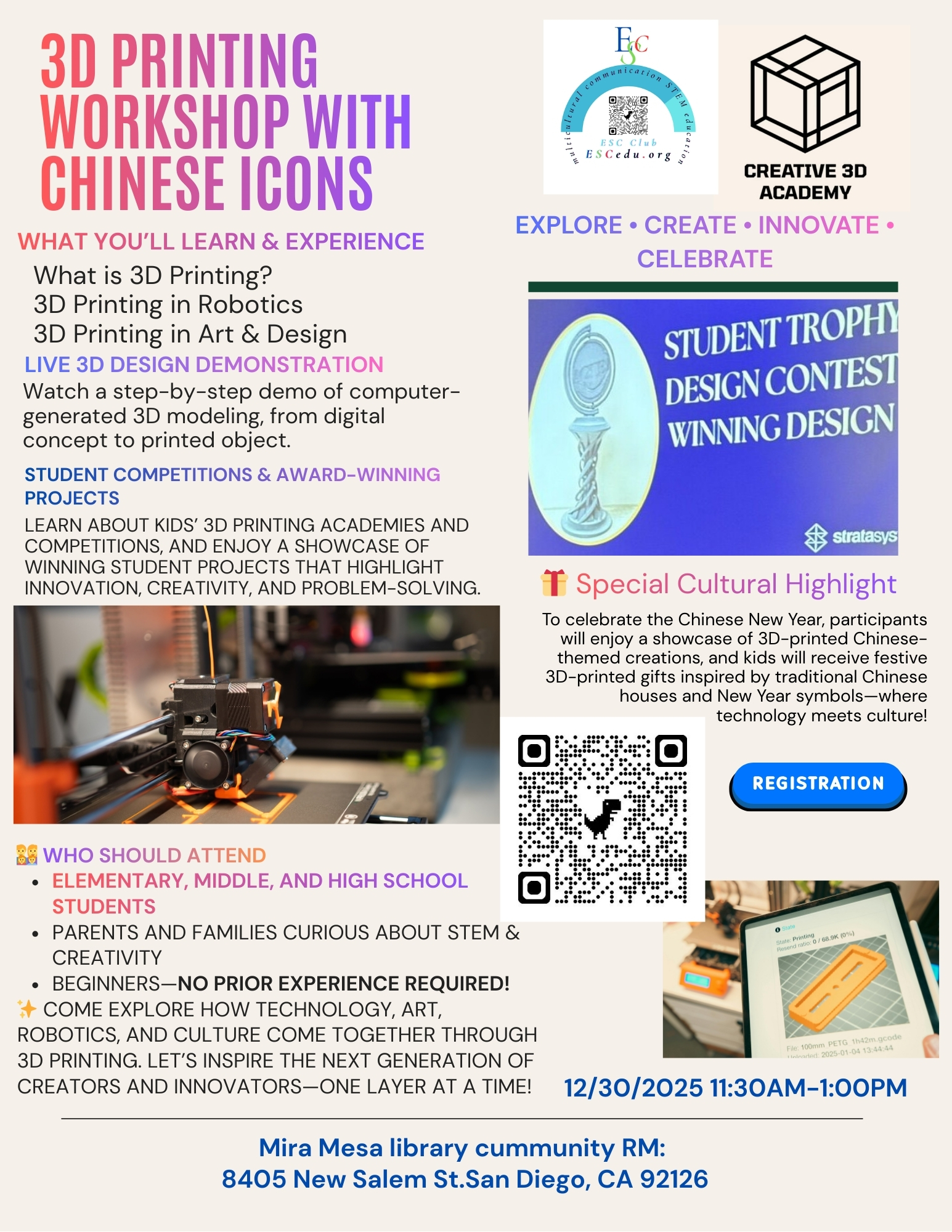 ESC Club Launches 2026 New Year STEM Program with 3D Printing Workshop at Mira Mesa Library